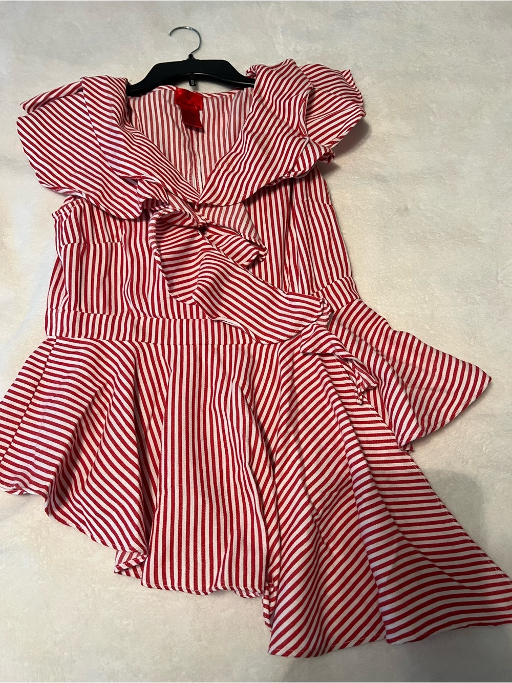 V Cristina Red and White Striped Ruffle Wrap Top